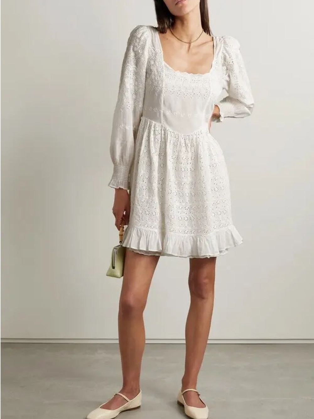 LOVESHACKFANCY Preslina Broderlie Anglaise Cotton Mini Dress White Eyelet Sz 4